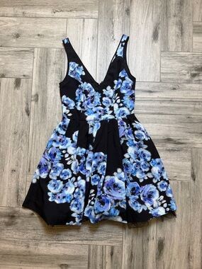 bebe Black Dress with Blue Floral Print Size Small